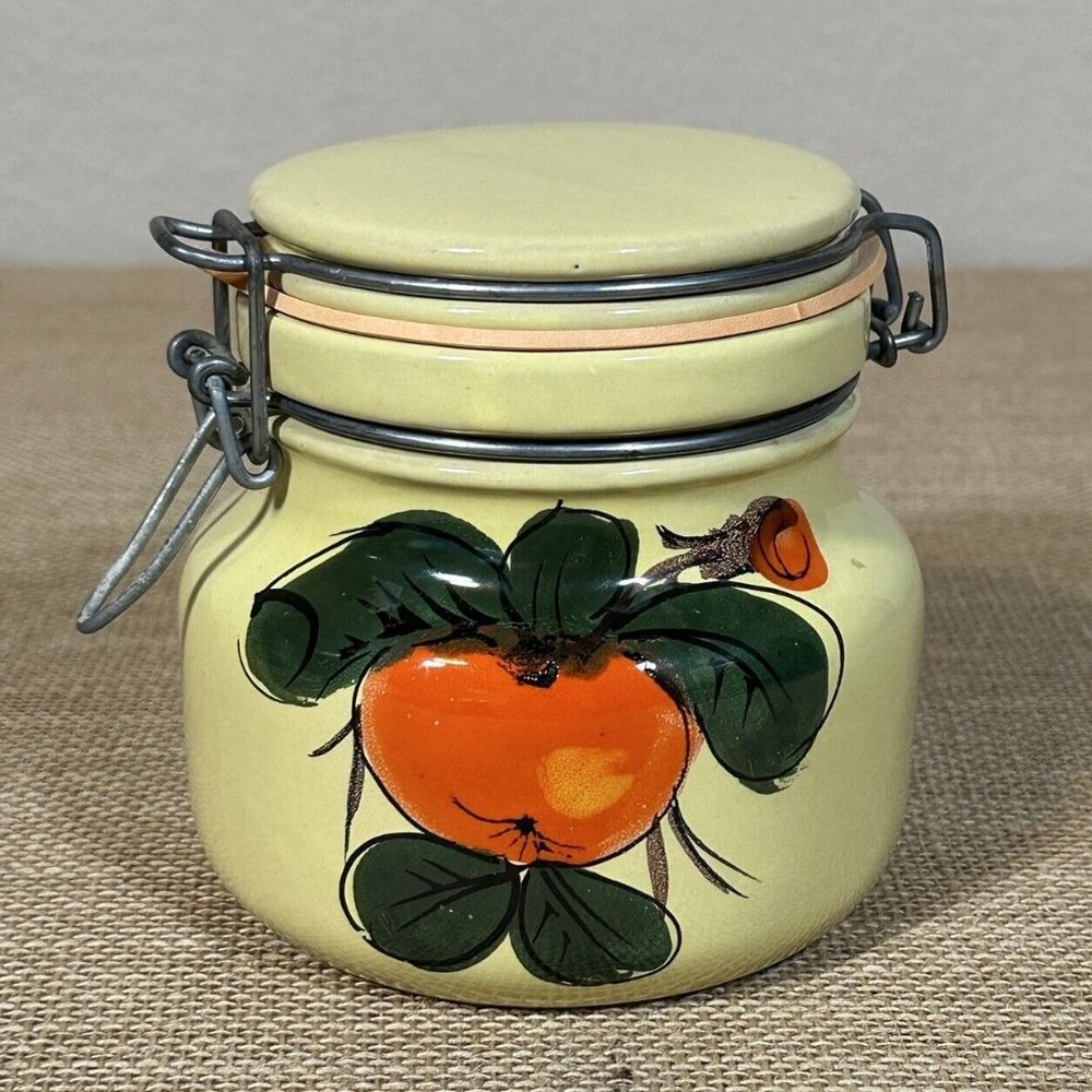 Stoneware Canister Yellow Pottery Wire Bale Fruit Orange Leaf Signed Italy VTG
